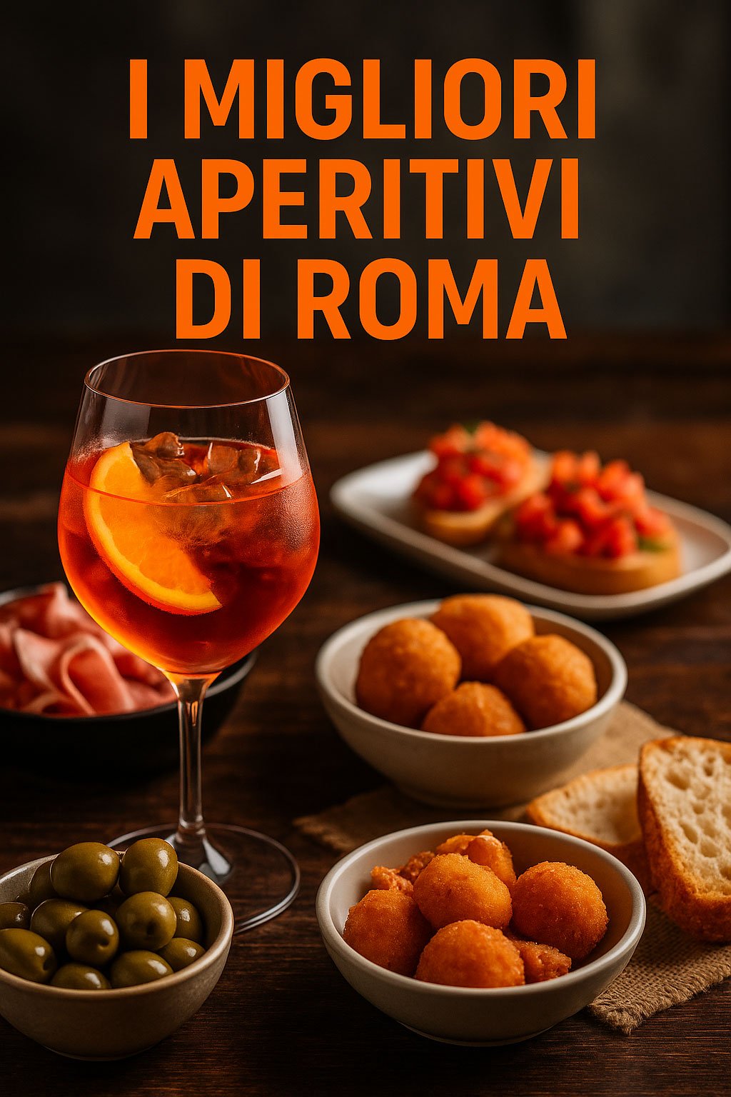 Aperitivo tipico a Roma con cocktail, olive, salumi e bruschette serviti su tavolo rustico, ideale per scoprire i migliori locali della città