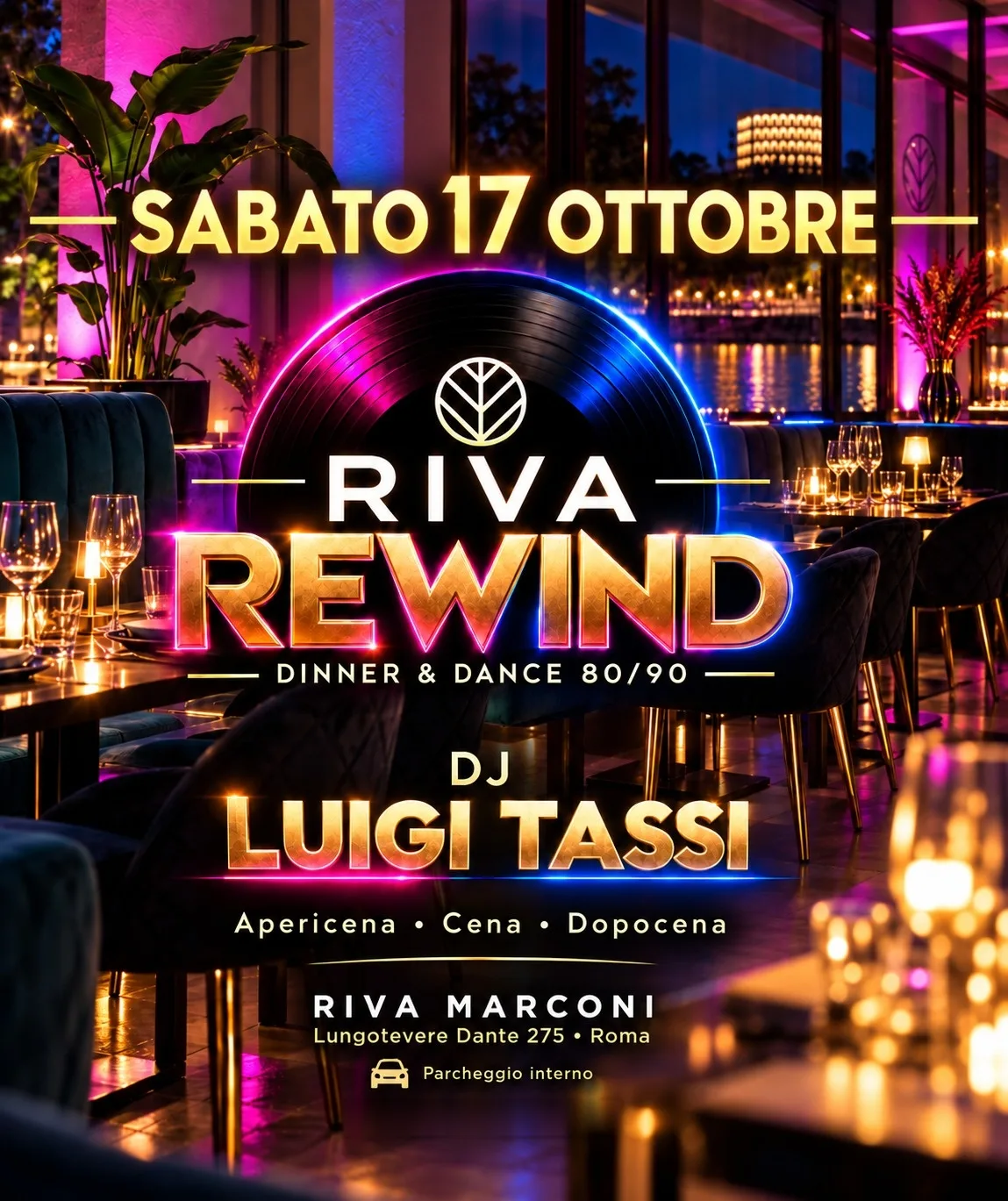 Flyer della serata «Riva Rewind» di sabato 17 ottobre da Riva Marconi