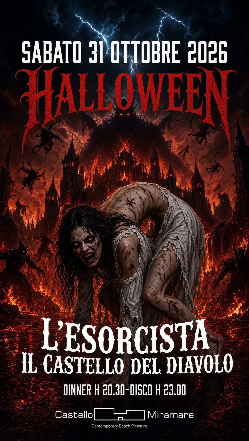 Locandina di Halloween «L’Esorcista — Il Castello del Diavolo» al Castello Miramare di Maccarese, sabato 31 ottobre 2026