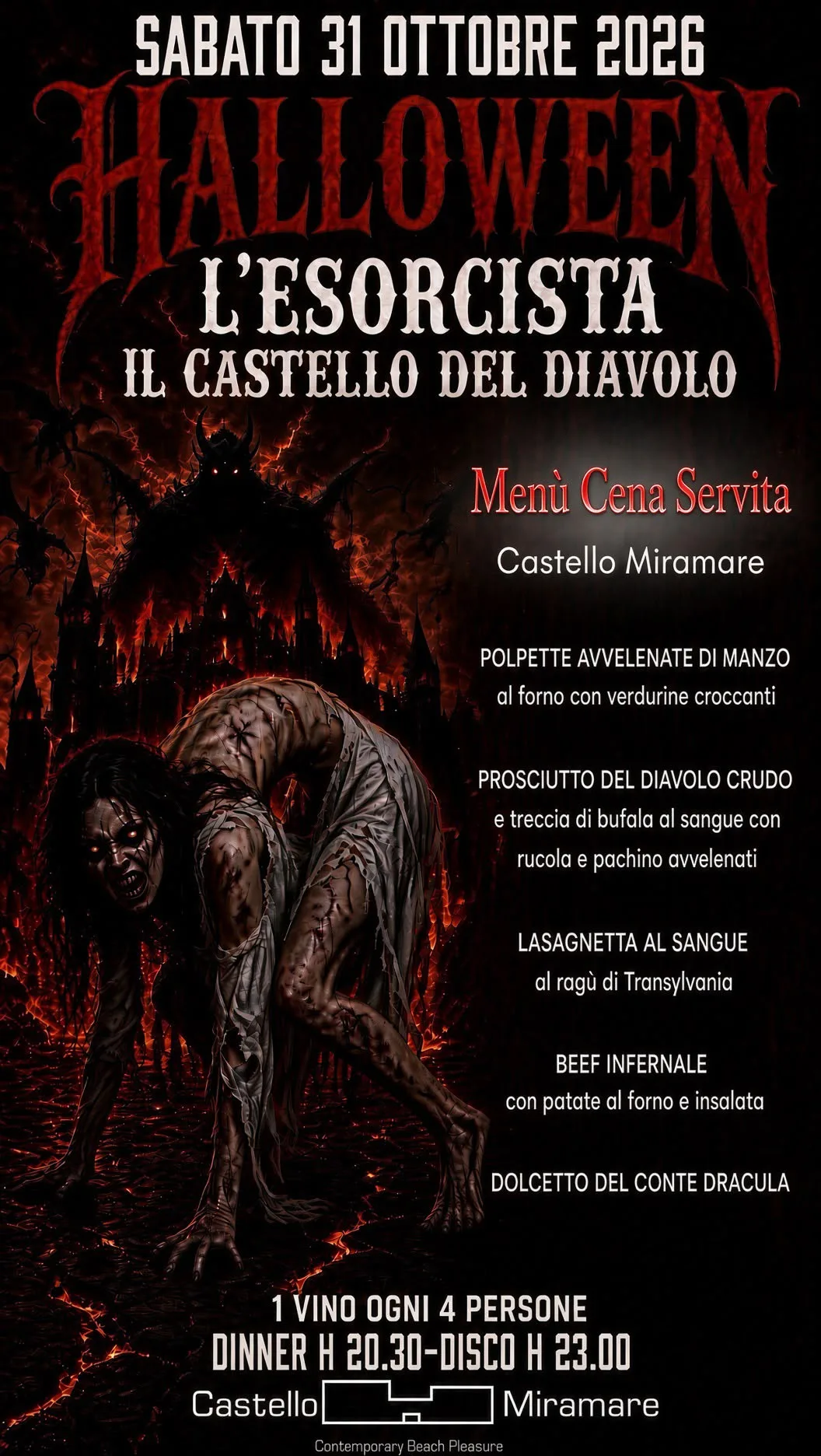 Menù della cena servita di Halloween al Castello Miramare: polpette avvelenate, lasagnetta al sangue, beef infernale e dolcetto del Conte Dracula