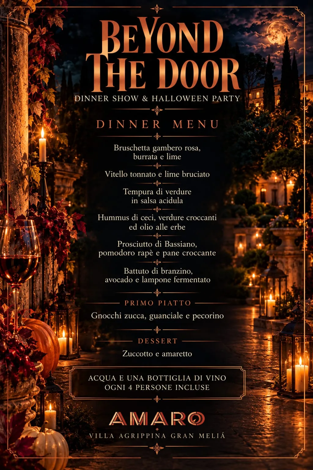 Menù della cena di Beyond the Door all’Amaro del Gran Meliá Villa Agrippina: antipasti, gnocchi di zucca e zuccotto