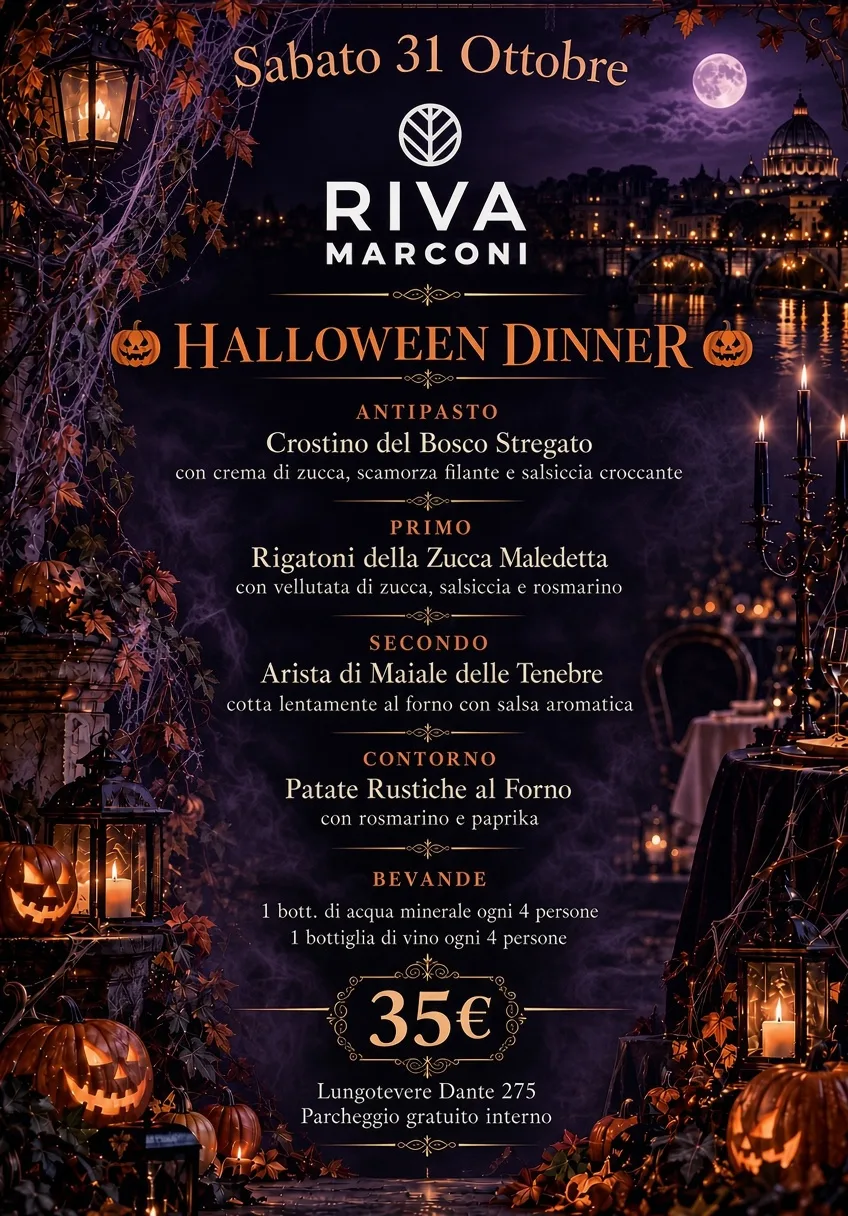 Locandina della Halloween Dinner al Riva Marconi del 31 ottobre 2026, menù a tema a 35€