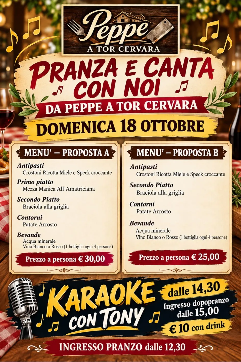 Le due proposte di menù del pranzo da Peppe a Tor Cervara del 18 ottobre, da 30€ e da 25€