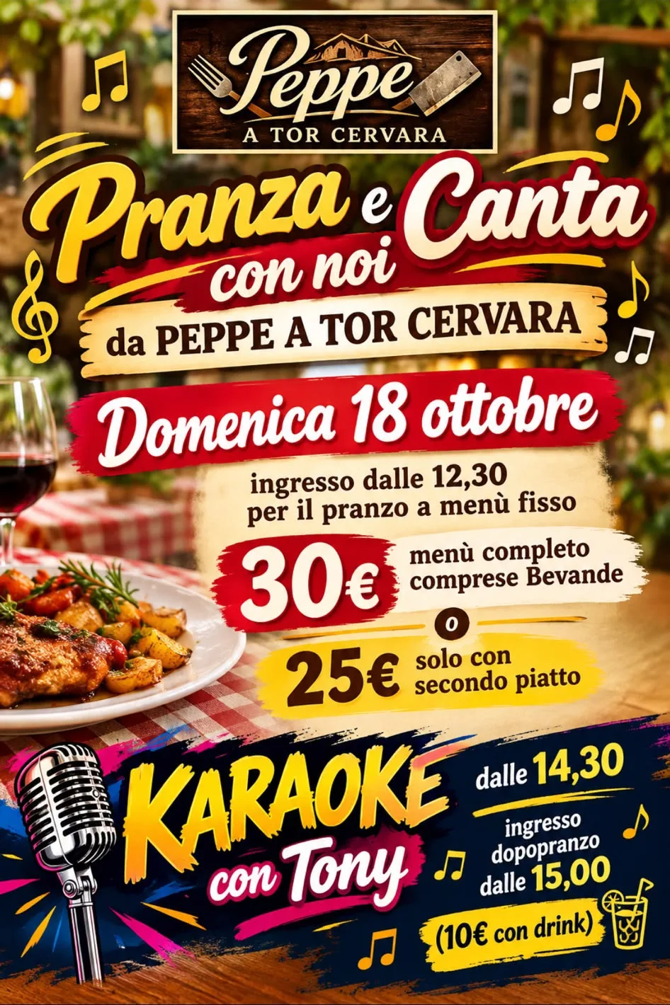Locandina «Pranza e canta con noi» da Peppe a Tor Cervara, domenica 18 ottobre 2026